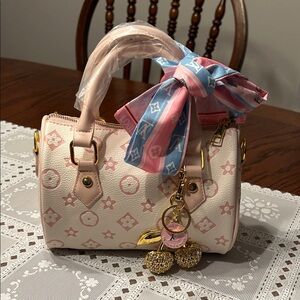 Designer Pink & Cream Monogram Mini Satchel with Scarf and Charm